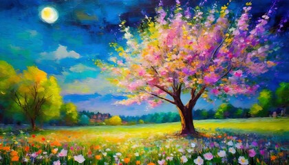 Obraz na płótnie Canvas artistic digital oil painting of a spring tree with flowers at night impasto wall art for children s room modern art 