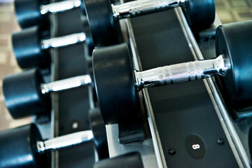 Rows of dumbbells in the gym