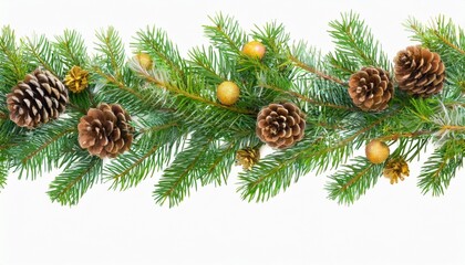 Obraz na płótnie Canvas png christmas long banner pine tree branches garland with cones on background