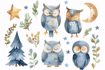 Fototapeta premium A serene collection of watercolor illustrations featuring charming night owls, whimsical trees, and celestial elements like stars and the moon.