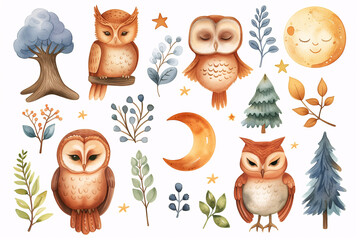 A serene collection of watercolor illustrations featuring charming night owls, whimsical trees, and celestial elements like stars and the moon.