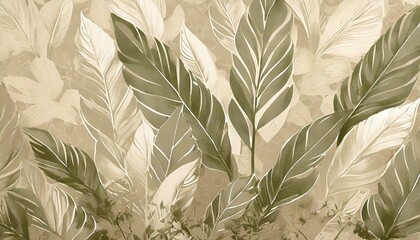 abstraction of tropical leaves in shades of beige greenery texture for interior printing murals on the wall