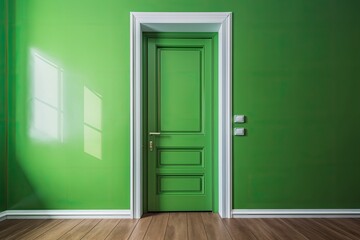 View of the room's green wall and closed white door. Design banner