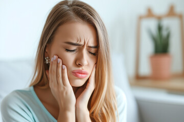 Young woman has a toothache touching her swollen cheek. Health care, tooth disease concept