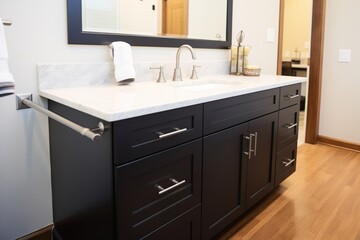 modern black vanity with marble countertop