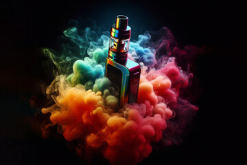 vape with colorful smoke around isolated on solid black background. ai generative