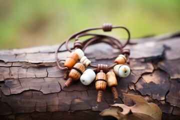 a set of wooden beads nestled within a natural tree bark