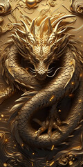 Golden dragon with swirling clouds in an elegant, mythical art style. Phone wallpaper.