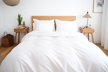 a white duvet cover spread on a double bed - obrazy, fototapety, plakaty
