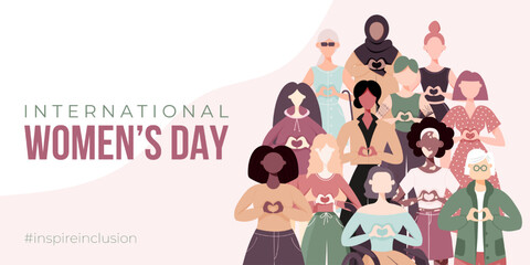 International Women's Day banner, backround, poster. Inspire inclusion 2024 campaign. Group of women of different ethnicity, age, body type, hair color vector illustration in flat style. - obrazy, fototapety, plakaty