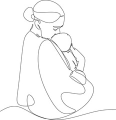 Abstract mother with a child in continuous one line drawing art style. Mother`s Day card. Woman hugging her baby. Happy motherhood concept. Modern vector illustration