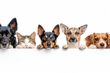 Adorable Mixed Breed Dogs and Cats Peeking Over Edge - Group Pet Portrait - obrazy, fototapety, plakaty