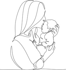 Abstract mother with a child in continuous one line drawing art style. Mother`s Day card. Woman hugging her baby. Happy motherhood concept. Modern vector illustration