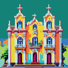 Fototapeta premium Igreja colonial histórica, estilo barroco, pixel art.