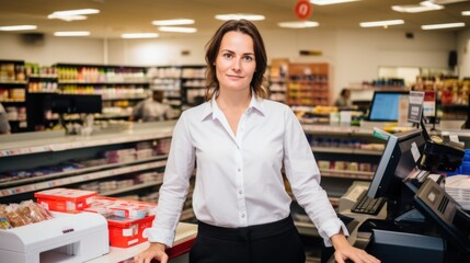 Multicultural grocery store cashier, confidently facing the camera.