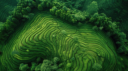 a tea plantation from above, natures green geometry