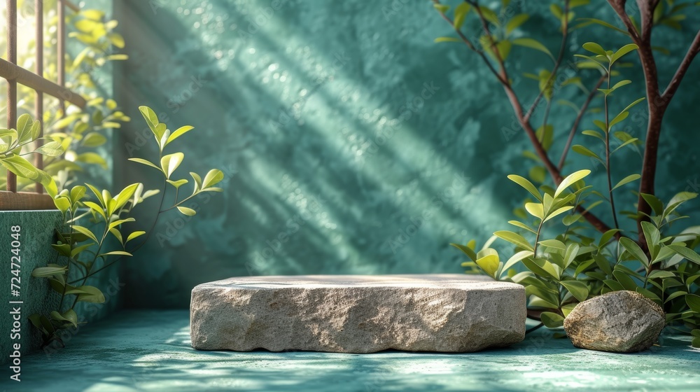 Poster this is a mock-up of the pedestal in natural stone with a concrete base against a natural green back