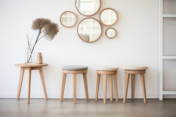 a cluster of circular wooden stools in a minimalist room