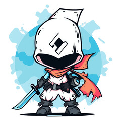 Chibi ninja assassin brandishing a sword in anime style. Chibi ninja assassin game character design image.