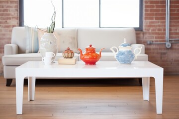 Fototapeta na wymiar high-gloss white coffee table with a porcelain tea set