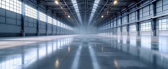 Spacious Modern Industrial Warehouse Interior with Shiny Reflective Flooring and High Ceiling for Commercial Storage and Logistics