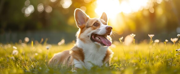 Joyful Corgi Enjoying the Warm Sunlight in a Lush Green Meadow - A Perfect Serene Moment of Pet Happiness Captured in Nature's Embrace