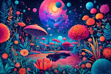 Naklejka na ściany i meble illustration of a cosmic garden, with otherworldly plants burst with vibrant, surreal hues