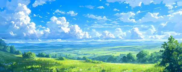 Poster Beautiful grassy fields under a summer blue sky with fluffy white clouds blowing in the wind. Wide format image captures the sky behind a green field, creating a serene landscape of anime backgrounds. © jex