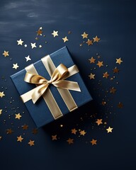 Dark blue gift box with gold satin ribbon on dark background. Top view of birthday gift with copy - obrazy, fototapety, plakaty