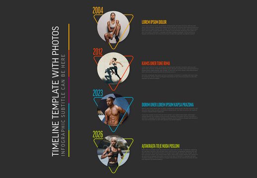Dark vertical timeline template with photos in circle frames and triangle arrow border
