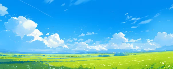 Fotobehang Beautiful grassy fields under a summer blue sky with fluffy white clouds blowing in the wind. Wide format image captures the sky behind a green field, creating a serene landscape of anime backgrounds. © jex