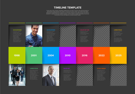 Simple dark mosiac timeline infographic with big photo placeholders