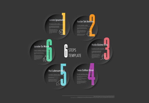 Six dark circle steps cycle template with big color number icon and description on gray background