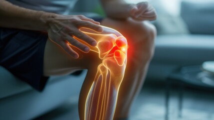 man holding his knee and the superimposed 3D illustration highlights the knee joint in red, indicating pain or inflammation. - obrazy, fototapety, plakaty