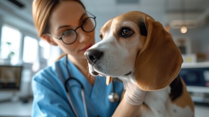 female veterinarian with a beagle dog. veterinarian gently holds the dog and looks at it with care and attention.
