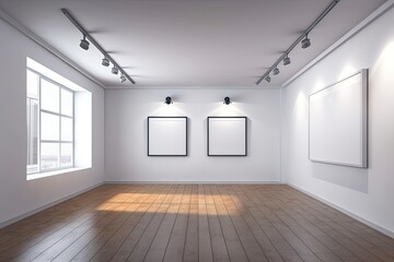a white wall with two canvases, six spotlights, and a wooden floor. Concept for an exhibition; illustration