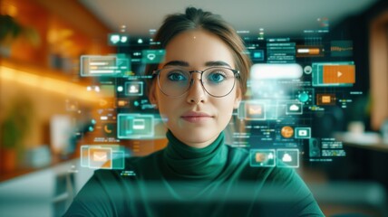 woman looks at a futuristic digital interface with various icons and data floating in front of her. high-tech environment and augmented reality.