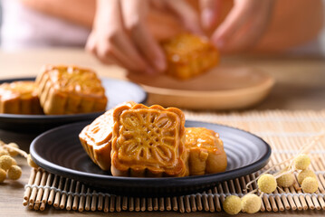 Chinese mooncake, traditional dessert celebrating in Chinese festival mid autumn or new year