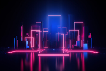 Glowing Lines Illuminate Urban Night: Abstract Cityscape with Digital Financial Charts and 3D Wave Design