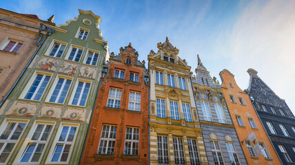 Architecture of the Long Lane street in old town of Gdansk. Colorful houses. A walk through the...