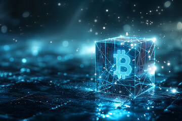 A conceptual image showcasing a Bitcoin symbol inside a cube, symbolizing the security and connectivity of blockchain technology.. - obrazy, fototapety, plakaty