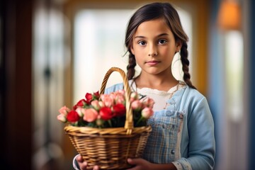 girl holding basket of roses