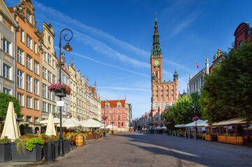 Gdansk Town Hall located on Dluga street (Long lane) in old town. A walk through the city on a sunny summer day