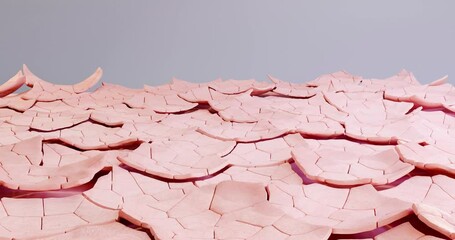 3d animation of the stylized structure of dry skin. Flakes peel off, poor care, environmental pollution, lack of fluid.  Background for showing the action of an active skin moisturizer