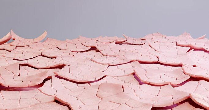 3d animation of the stylized structure of dry skin. Flakes peel off, poor care, environmental pollution, lack of fluid.  Background for showing the action of an active skin moisturizer