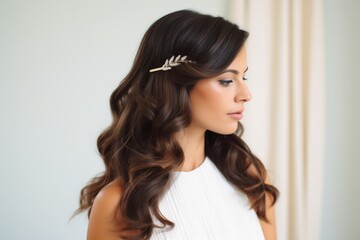 Fototapeta premium long, wavy brunette hair secured with an elegant pearl hairpin