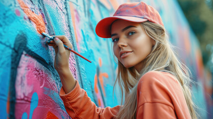 A young woman is painting graffiti on the wall. Colorful graffiti on the wall. - obrazy, fototapety, plakaty