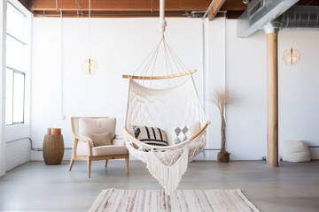 a macrame swing chair under an indoor loft ceiling