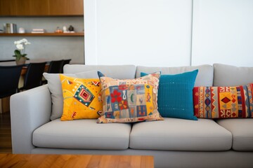 assortment of hand-stitched throw pillows on a couch