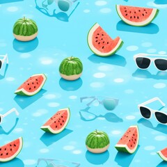 Watermelon Slices and Sunglasses on Blue Surface